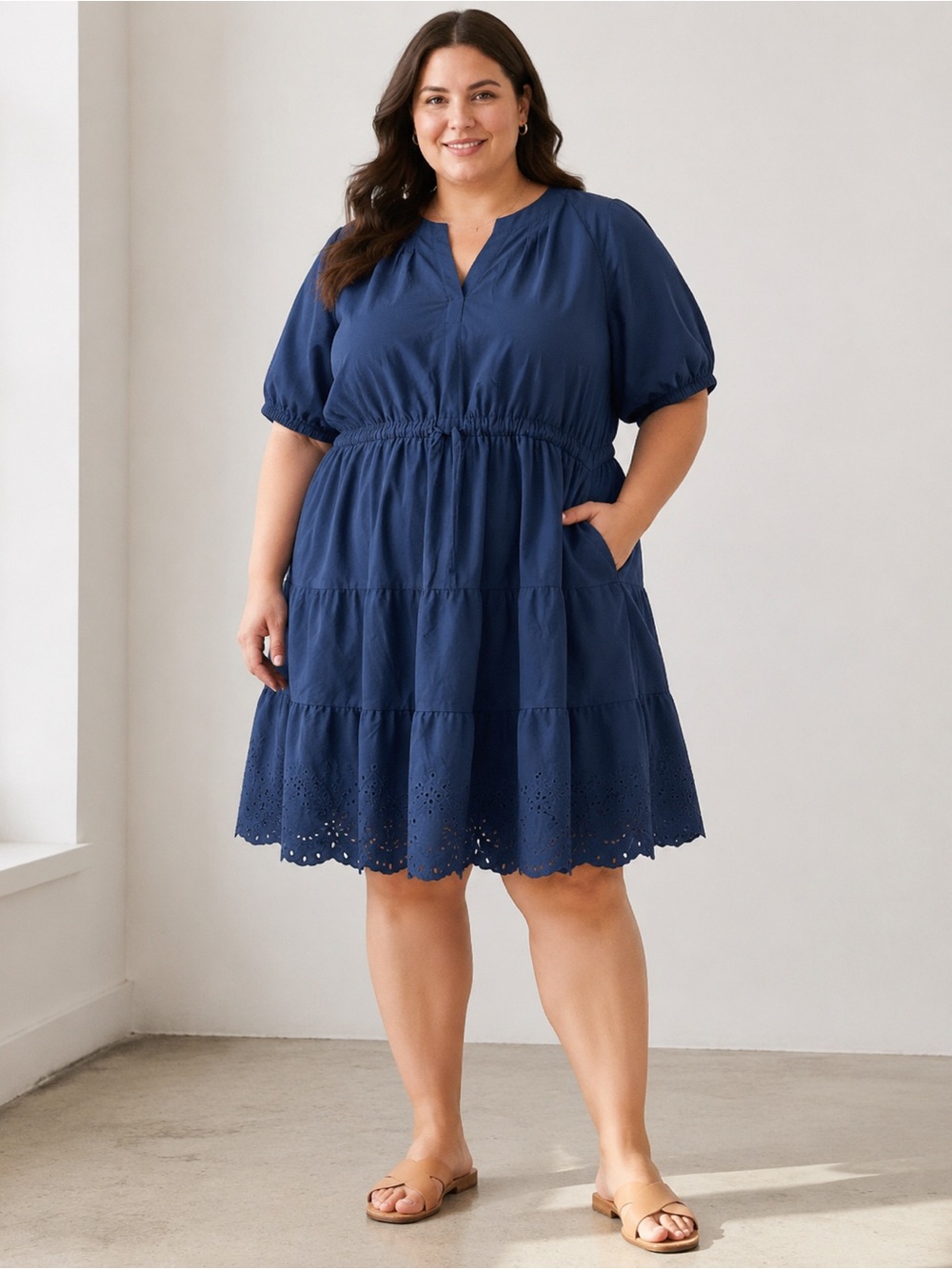 Women’s Navy Tiered Eyelet Hem Dress